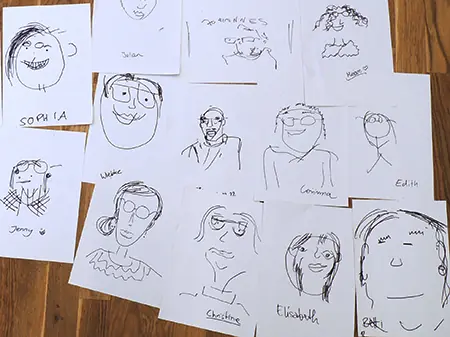 im Team Workshop gesammelte Portaitskizzen von Teammitgliedern 