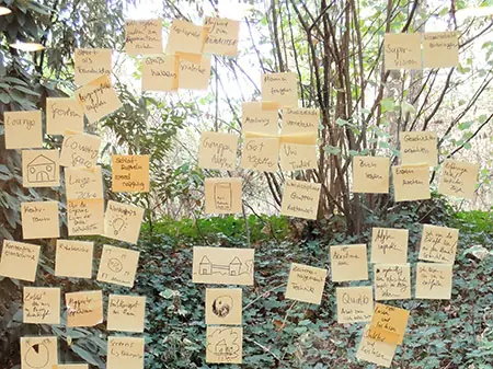 Sammlung von gelbe Postits am Fenster nach Vernetzung im Kickoff-Workshop